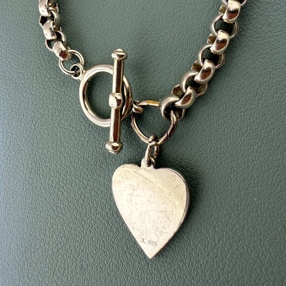 8" Vintage 925 Sterling Silver Toggle Bracelet with Engraveable Heart Pendant - Picture 8 of 9